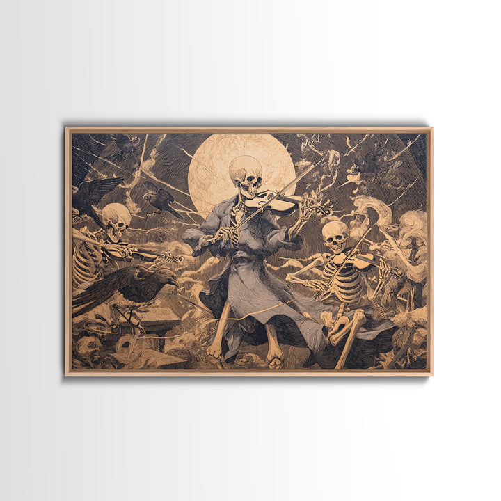 The Skeleton Orchestra, Symbolist Etching Art, Landscape Wall Art, Macabre Wall Art, Framed Canvas Print, Halloween Wall Art