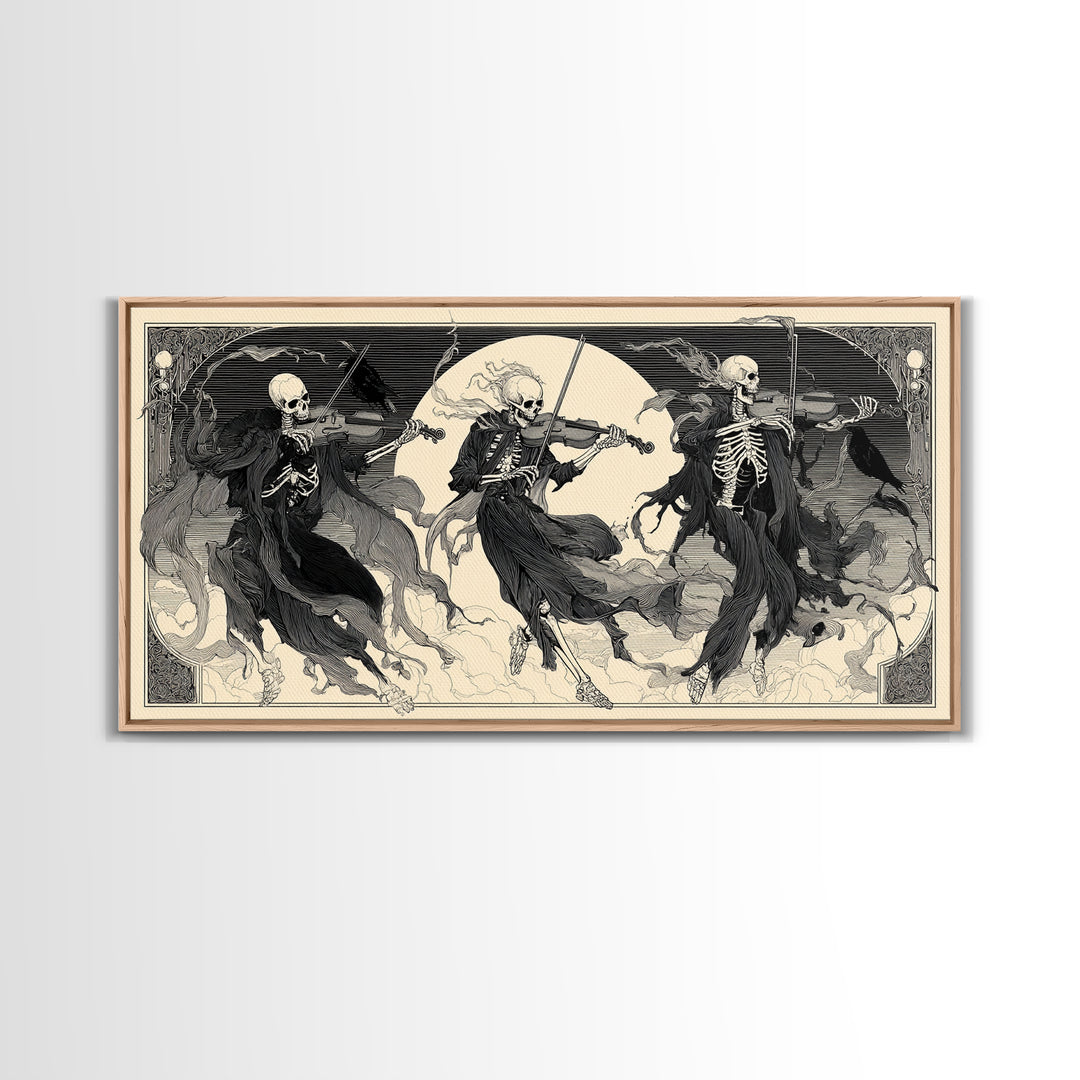 The Skeleton Orchestra, Decadent Line Art, Wide Panoramic Art, Gothic Horror Wall Art, Framed Canvas Print, Halloween Wall Art