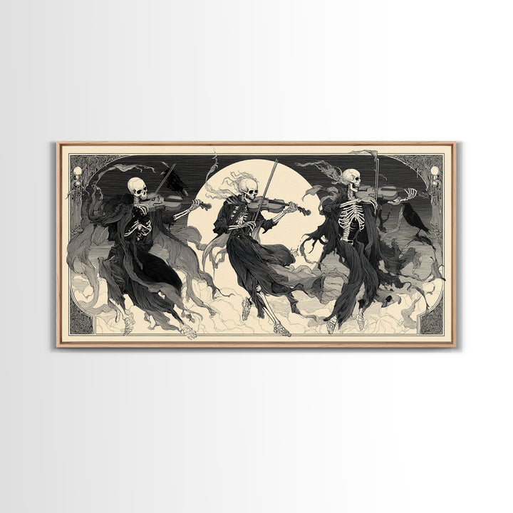 The Skeleton Orchestra, Decadent Line Art, Wide Panoramic Art, Gothic Horror Wall Art, Framed Canvas Print, Halloween Wall Art