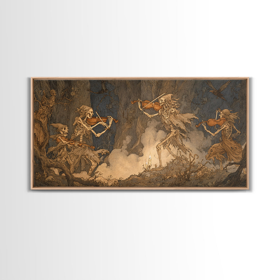 The Skeleton Orchestra, Gothic Storybook Art, Wide Panoramic Art, Dark Fantasy Wall Art, Framed Canvas Print, Halloween Wall Art