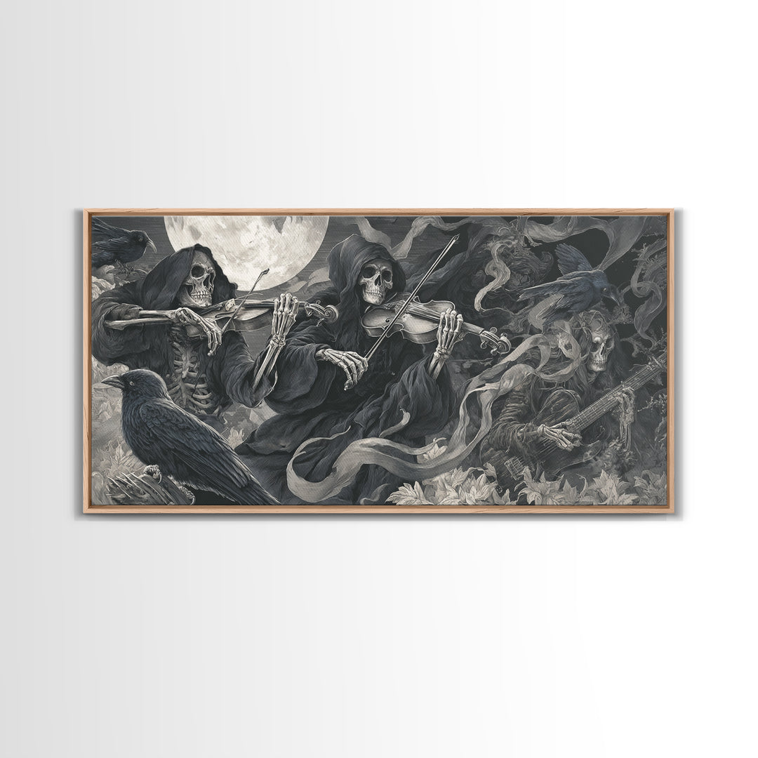 The Skeleton Orchestra, Biomechanical Horror Art, Wide Panoramic Art, Macabre Wall Art, Framed Canvas Print, Halloween Wall Art