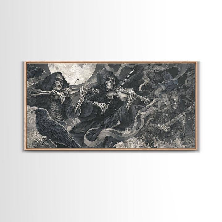 The Skeleton Orchestra, Biomechanical Horror Art, Wide Panoramic Art, Macabre Wall Art, Framed Canvas Print, Halloween Wall Art