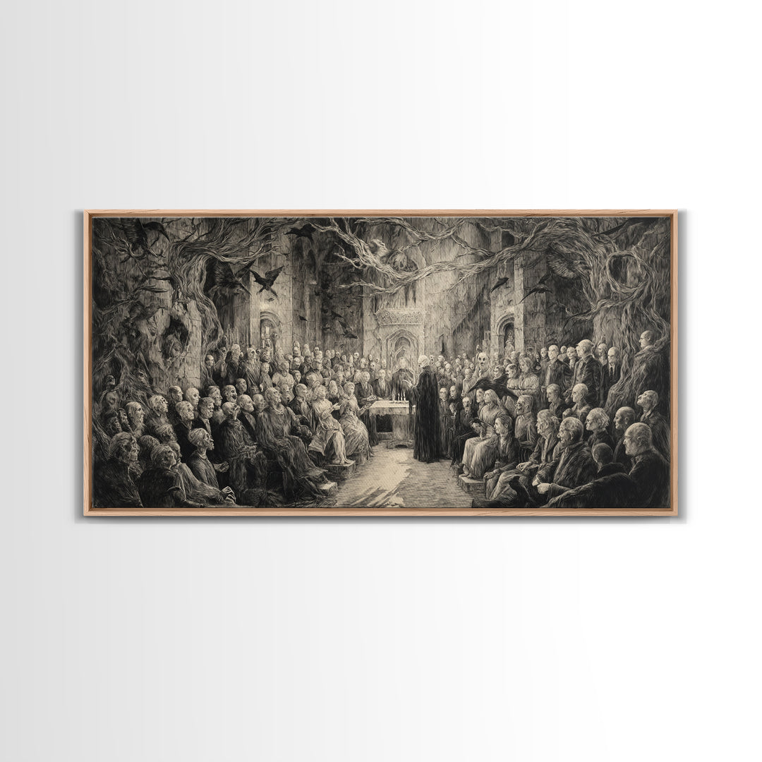 The Ghost Wedding, Expressionist Nightmare Art, Wide Panoramic Art, Dark Fantasy Wall Art, Framed Canvas Print, Halloween Wall Art