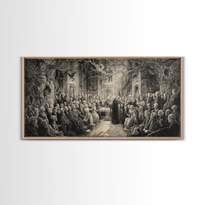 The Ghost Wedding, Expressionist Nightmare Art, Wide Panoramic Art, Dark Fantasy Wall Art, Framed Canvas Print, Halloween Wall Art
