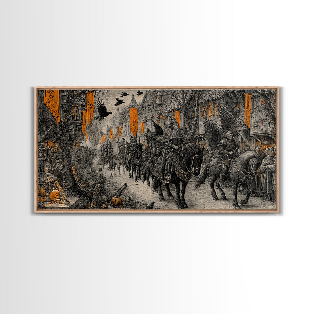 The Monster Parade, Renaissance Engraving Art, Wide Panoramic Art, Dark Fantasy Wall Art, Framed Canvas Print, Halloween Wall Art