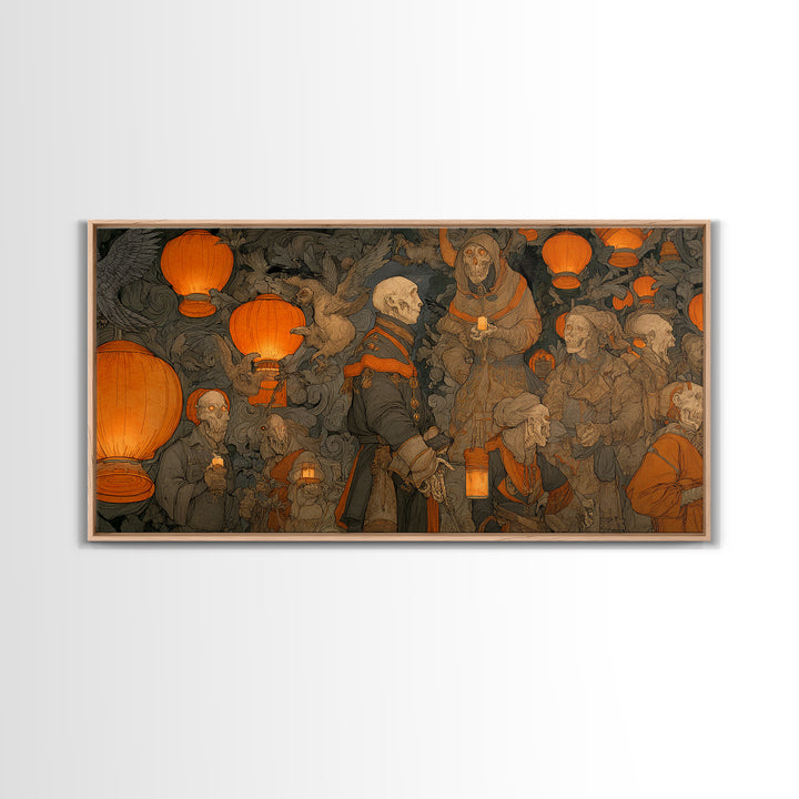 The Monster Parade, Danse Macabre Art, Wide Panoramic Art, Macabre Wall Art, Framed Canvas Print, Halloween Wall Art