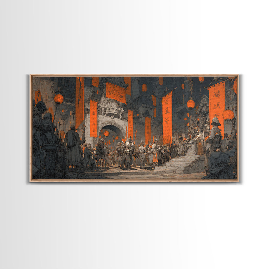 The Monster Parade, Architectural Etching Art, Wide Panoramic Art, Macabre Wall Art, Canvas Print, Halloween Wall Art