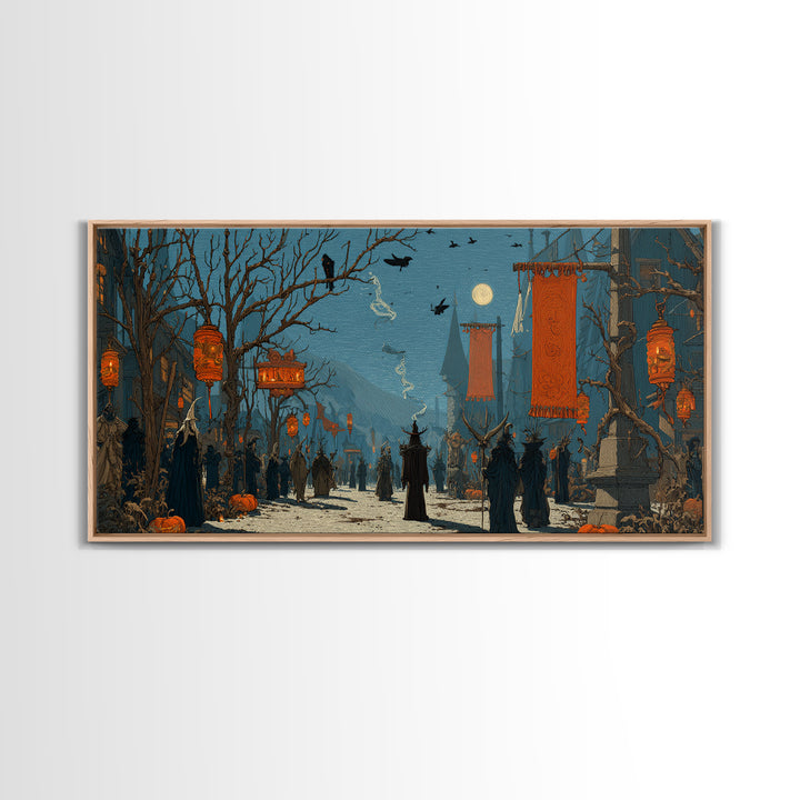 The Monster Parade, Romantic Gothic Landscape, Wide Panoramic Art, Dark Halloween Decor, Canvas Print, Halloween Wall Art