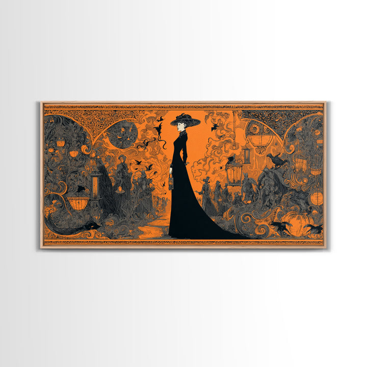 The Monster Parade, Decadent Line Art, Wide Panoramic Art, Gothic Horror Wall Art, Framed Canvas Print, Halloween Wall Art