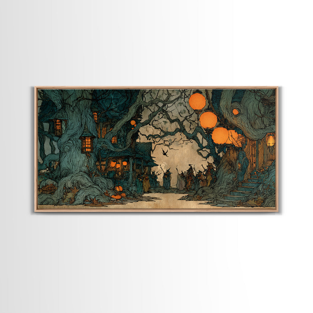 The Monster Parade, Gothic Storybook Art, Wide Panoramic Art, Dark Fantasy Wall Art, Framed Canvas Print, Halloween Wall Art
