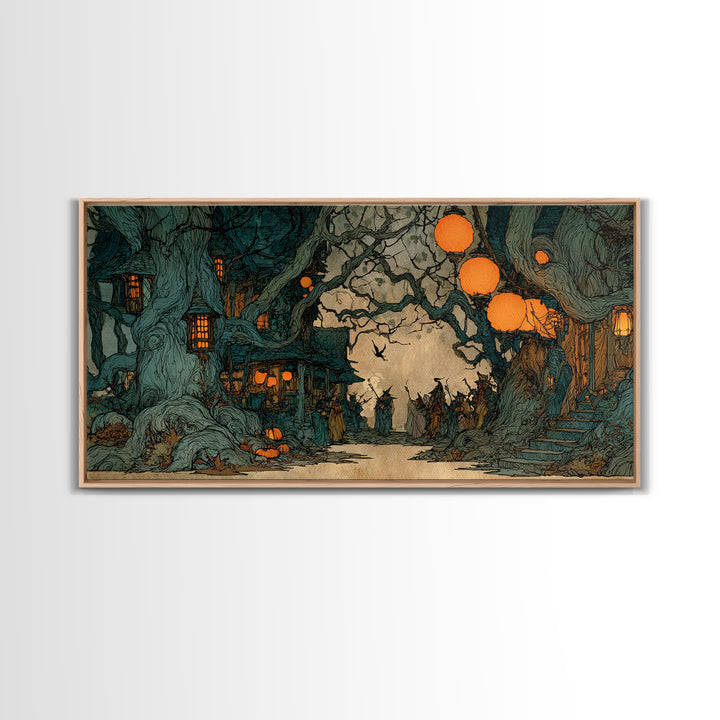 The Monster Parade, Gothic Storybook Art, Wide Panoramic Art, Dark Fantasy Wall Art, Framed Canvas Print, Halloween Wall Art