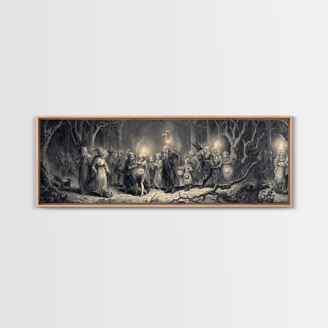 The Trick-Or-Treat Procession, Gothic Engraving Art, Extra Wide Wall Art, Dark Fantasy Wall Art, Framed Canvas Print, Spooky Wall Decor
