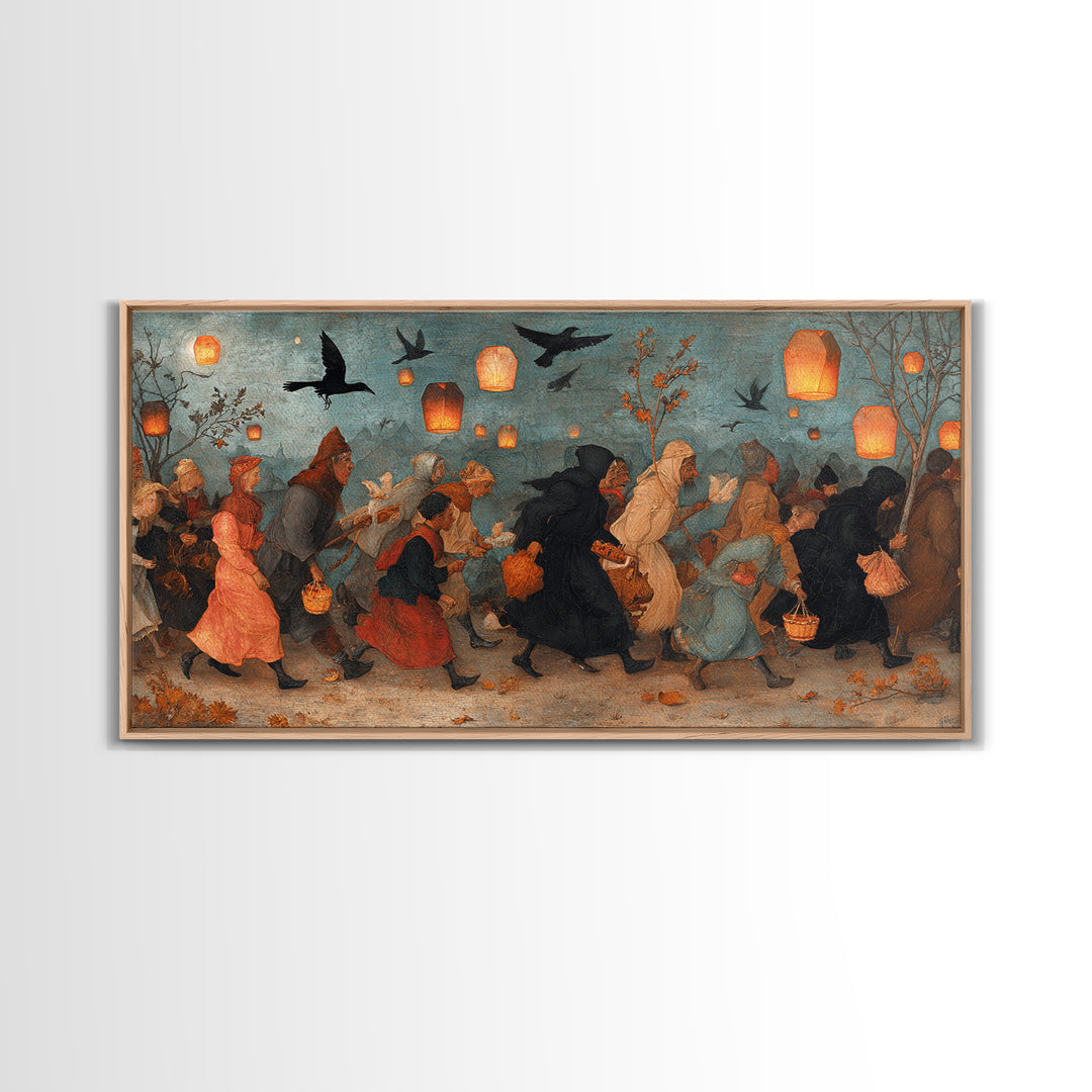 The Trick-Or-Treat Procession, Northern Renaissance Horror, Wide Panoramic Art, Dark Fantasy Wall Art, Canvas Print