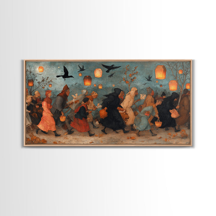 The Trick-Or-Treat Procession, Northern Renaissance Horror, Wide Panoramic Art, Dark Fantasy Wall Art, Canvas Print