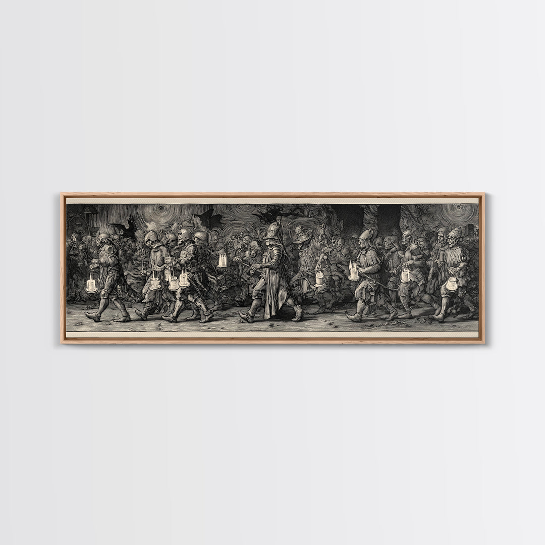 The Trick-Or-Treat Procession, Renaissance Engraving Art, Extra Wide Wall Art, Macabre Wall Art, Canvas Print, Halloween Wall Art