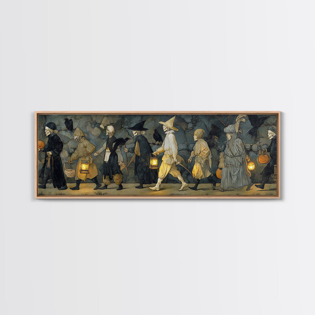 The Trick-Or-Treat Procession, Danse Macabre Art, Extra Wide Wall Art, Dark Halloween Decor, Canvas Print