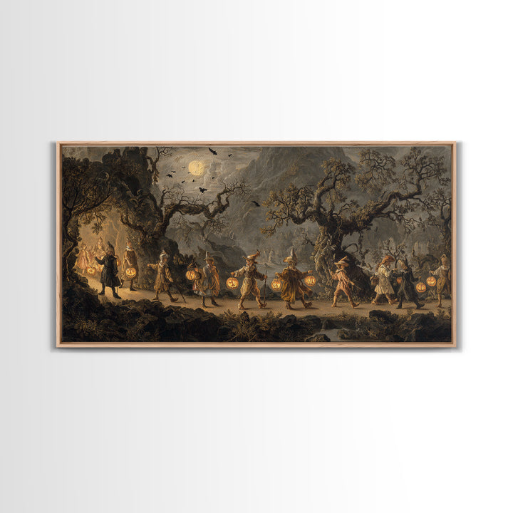 The Trick-Or-Treat Procession, Baroque Witchcraft Art, Wide Panoramic Art, Macabre Wall Art, Canvas Print, Halloween Wall Art