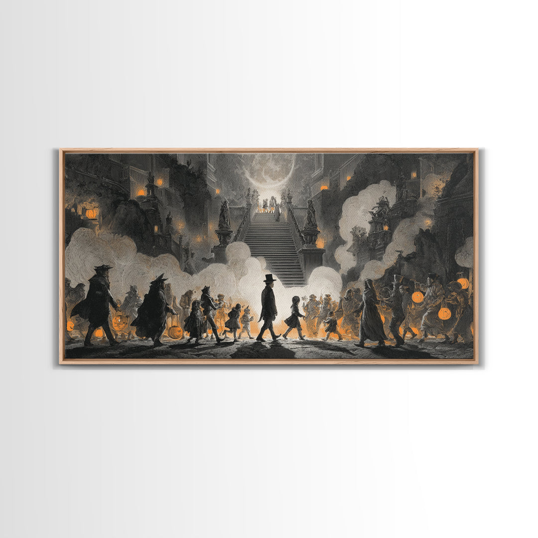 The Trick-Or-Treat Procession, Architectural Etching Art, Wide Panoramic Art, Macabre Wall Art, Framed Canvas Print