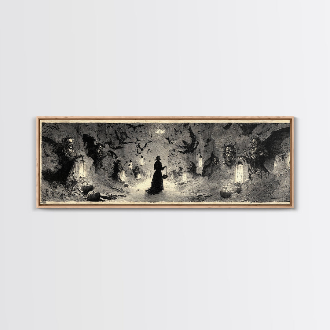 The Trick-Or-Treat Procession, Decadent Gothic Art, Extra Wide Wall Art, Macabre Wall Art, Framed Canvas Print, Halloween Wall Art