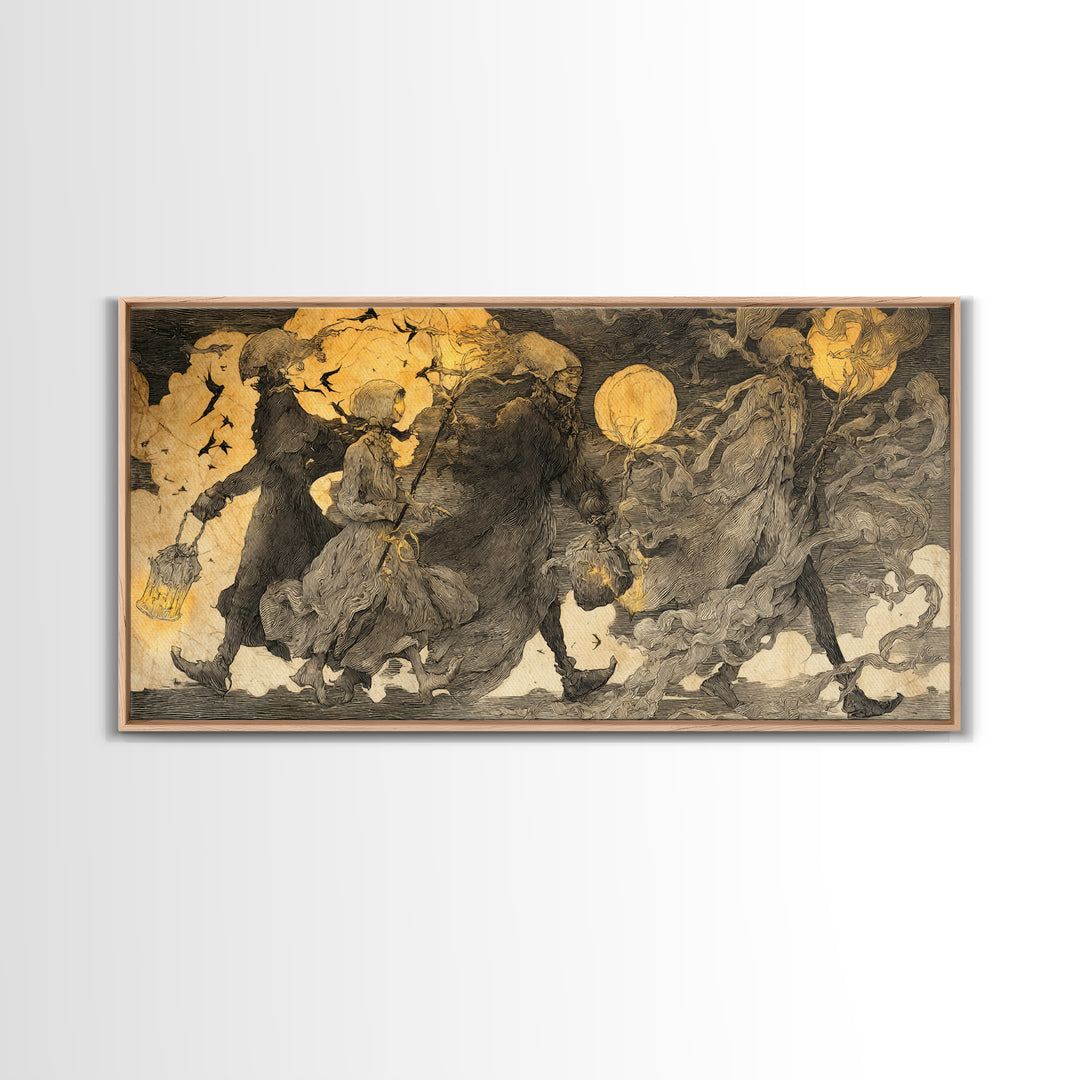 The Trick-Or-Treat Procession, Expressionist Nightmare Art, Wide Panoramic Art, Dark Fantasy Wall Art, Canvas Print, Halloween Wall Art
