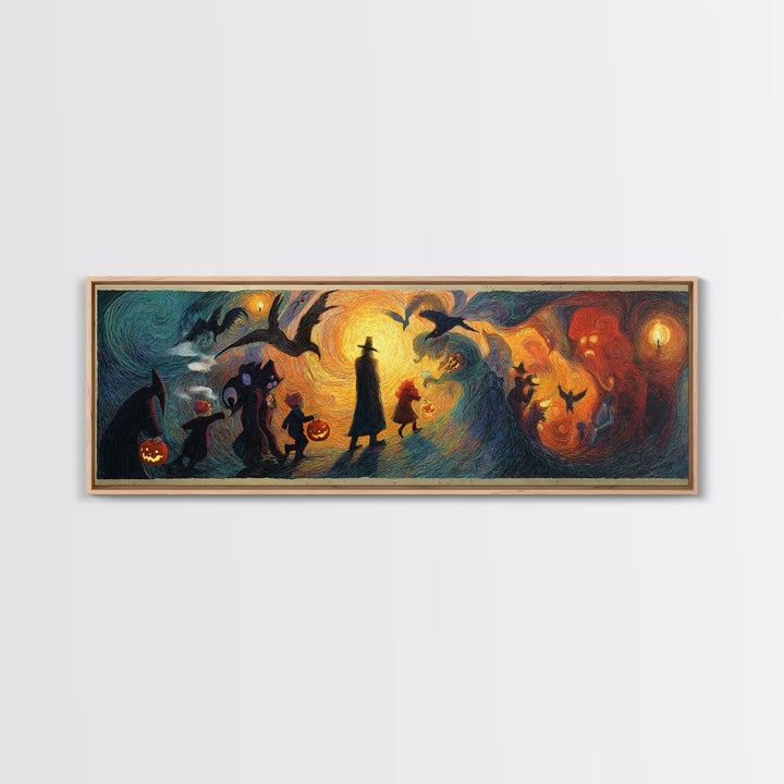 The Trick-Or-Treat Procession, Expressionist Gothic Art, Extra Wide Wall Art, Macabre Wall Art, Framed Canvas Print, Halloween Wall Art