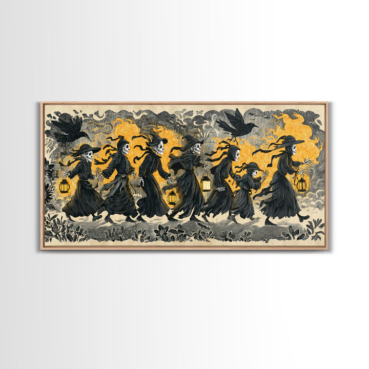 The Trick-Or-Treat Procession, Macabre Folk Print Art, Wide Panoramic Art, Dark Halloween Decor, Canvas Print