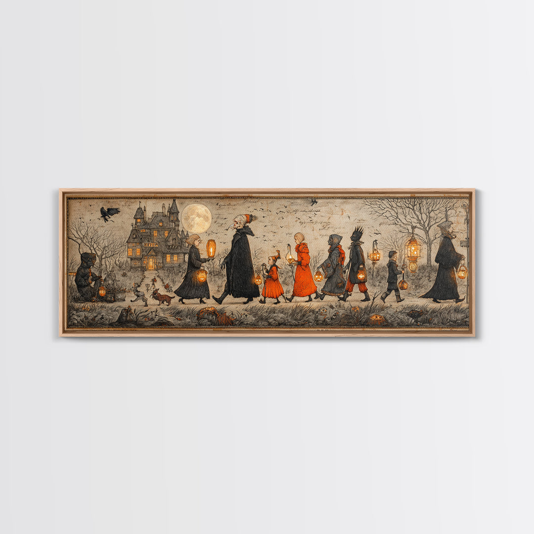 The Trick-Or-Treat Procession, Victorian Macabre Art, Extra Wide Wall Art, Dark Halloween Decor, Canvas Print, Halloween Wall Art