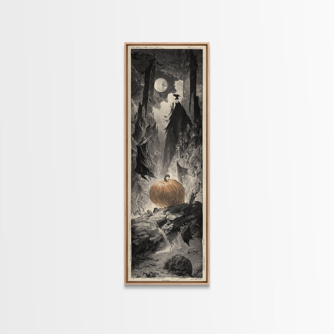 The Pumpkin-Carving Ritual, Gothic Engraving Art, Tall Narrow Wall Art, Gothic Horror Wall Art, Framed Canvas Print, Halloween Wall Art