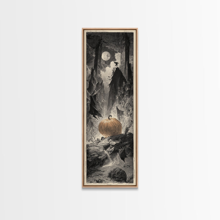 The Pumpkin-Carving Ritual, Gothic Engraving Art, Tall Narrow Wall Art, Gothic Horror Wall Art, Framed Canvas Print, Halloween Wall Art