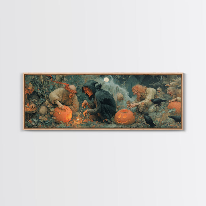 The Pumpkin-Carving Ritual, Medieval Grotesque Art, Extra Wide Wall Art, Gothic Horror Wall Art, Framed Canvas Print
