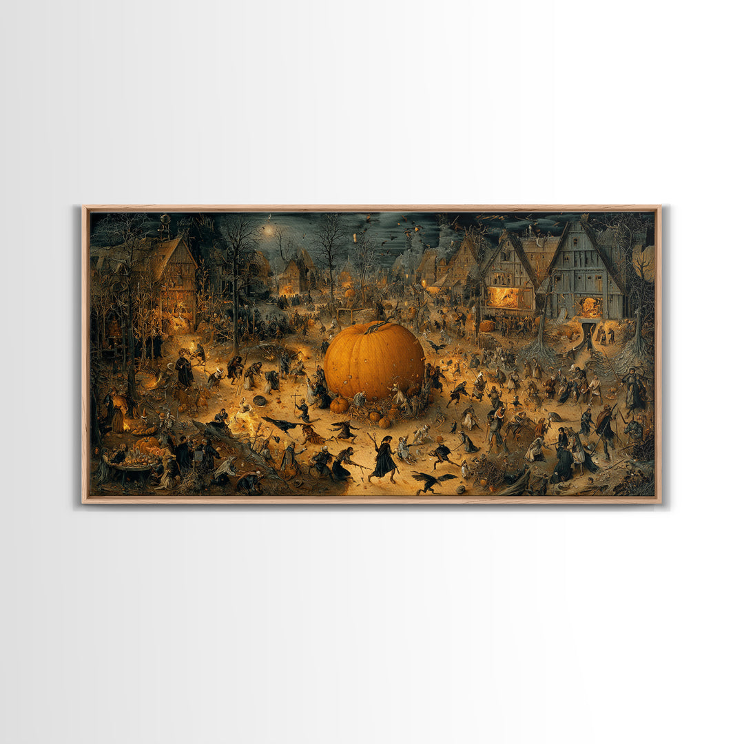 The Pumpkin-Carving Ritual, Northern Renaissance Horror, Wide Panoramic Art, Gothic Horror Wall Art, Framed Canvas Print