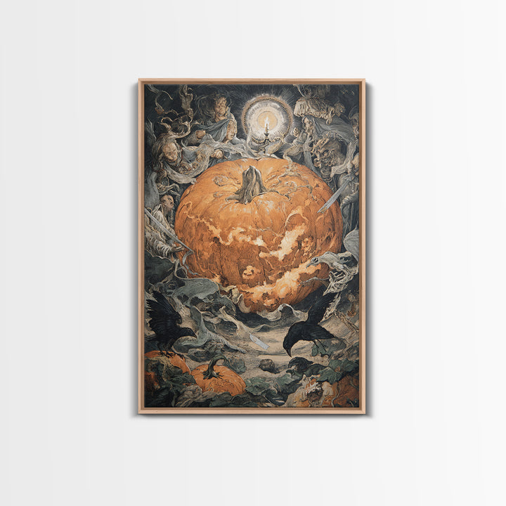 The Pumpkin-Carving Ritual, Dark Renaissance Art, Vertical Wall Art, Macabre Wall Art, Framed Canvas Print, Halloween Wall Art