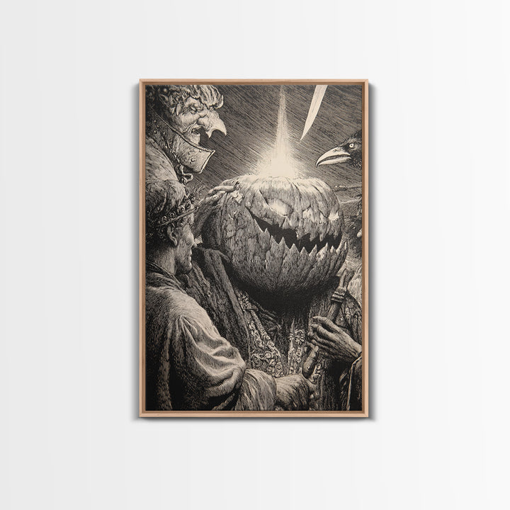 The Pumpkin-Carving Ritual, Renaissance Engraving Art, Vertical Wall Art, Dark Fantasy Wall Art, Framed Canvas Print, Halloween Wall Art