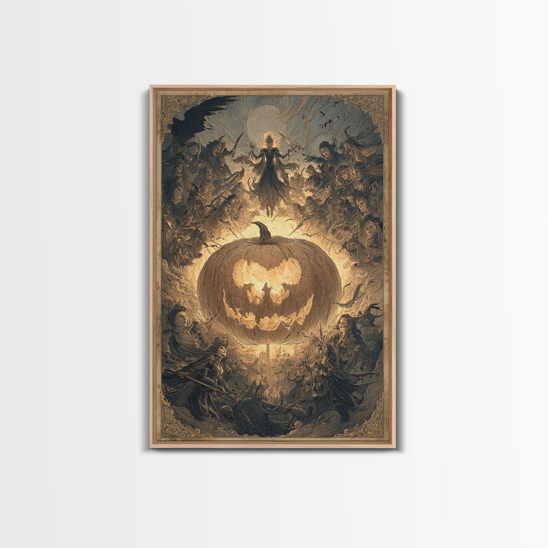 The Pumpkin-Carving Ritual, Visionary Gothic Art, Vertical Wall Art, Macabre Wall Art, Framed Canvas Print, Halloween Wall Art