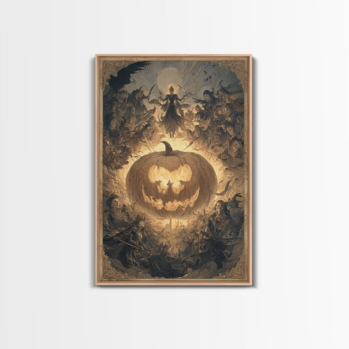 The Pumpkin-Carving Ritual, Visionary Gothic Art, Vertical Wall Art, Macabre Wall Art, Framed Canvas Print, Halloween Wall Art