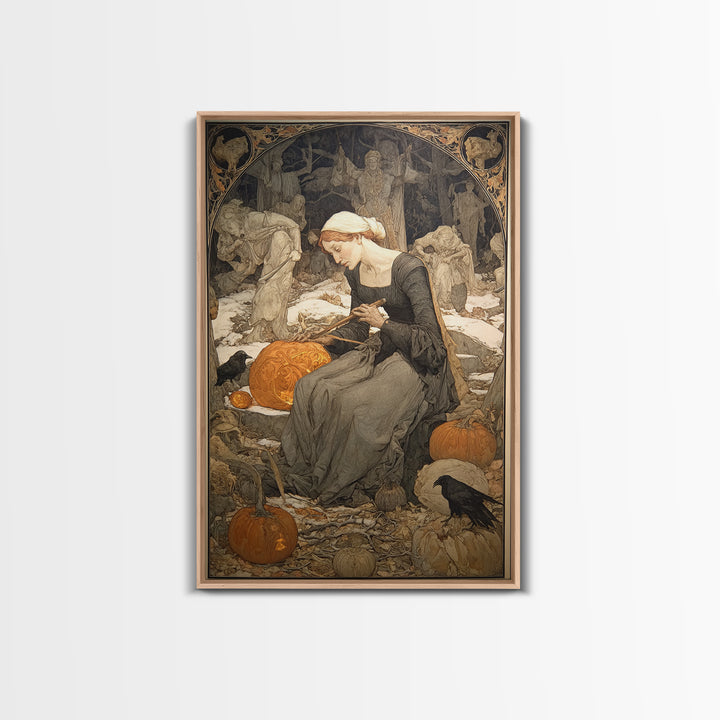 The Pumpkin-Carving Ritual, Symbolist Death Art, Vertical Wall Art, Gothic Horror Wall Art, Framed Canvas Print, Halloween Wall Art
