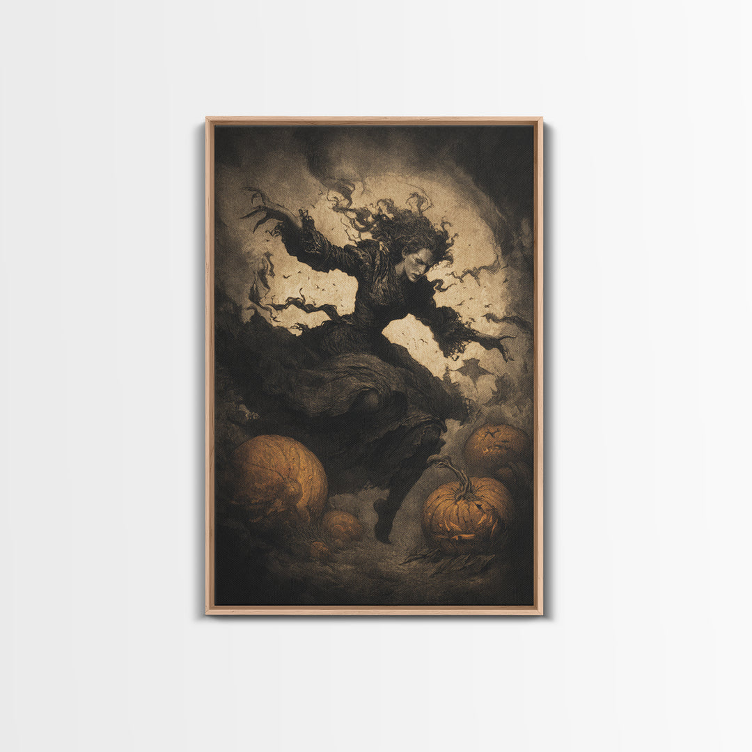 The Pumpkin-Carving Ritual, Dark Symbolist Art, Vertical Wall Art, Gothic Horror Wall Art, Framed Canvas Print, Halloween Wall Art