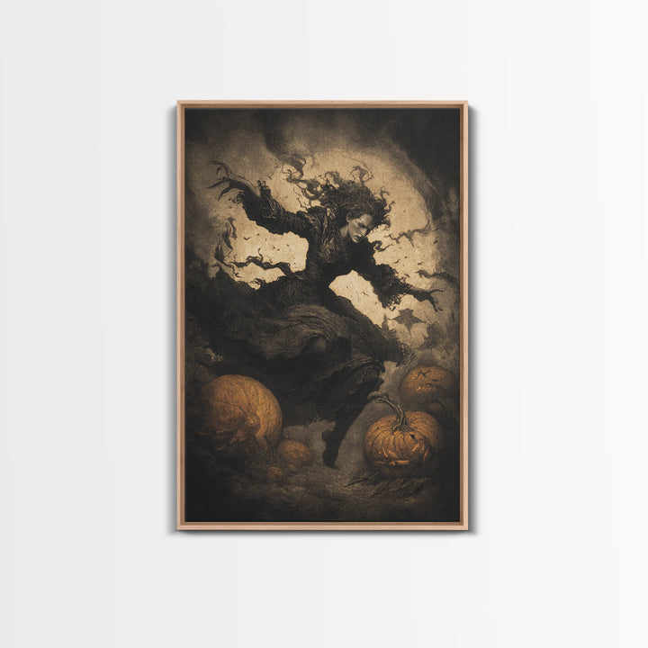 The Pumpkin-Carving Ritual, Dark Symbolist Art, Vertical Wall Art, Gothic Horror Wall Art, Framed Canvas Print, Halloween Wall Art