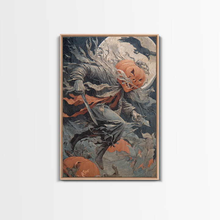 The Pumpkin-Carving Ritual, Symbolist Etching Art, Vertical Wall Art, Dark Halloween Decor, Framed Canvas Print, Halloween Wall Art
