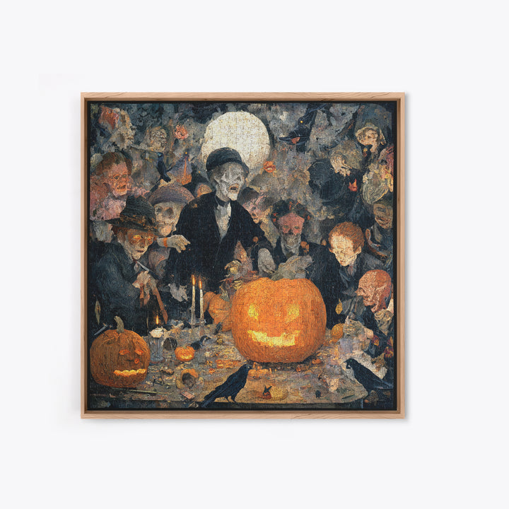 The Pumpkin-Carving Ritual, Grotesque Carnival Art, Square Wall Art, Dark Halloween Decor, Framed Canvas Print, Halloween Wall Art