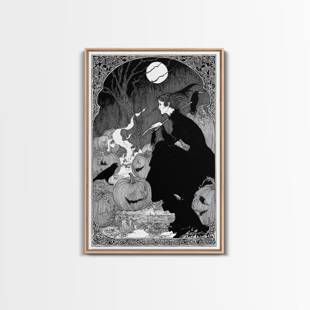 The Pumpkin-Carving Ritual, Decadent Line Art, Vertical Wall Art, Gothic Horror Wall Art, Canvas Print, Halloween Wall Art