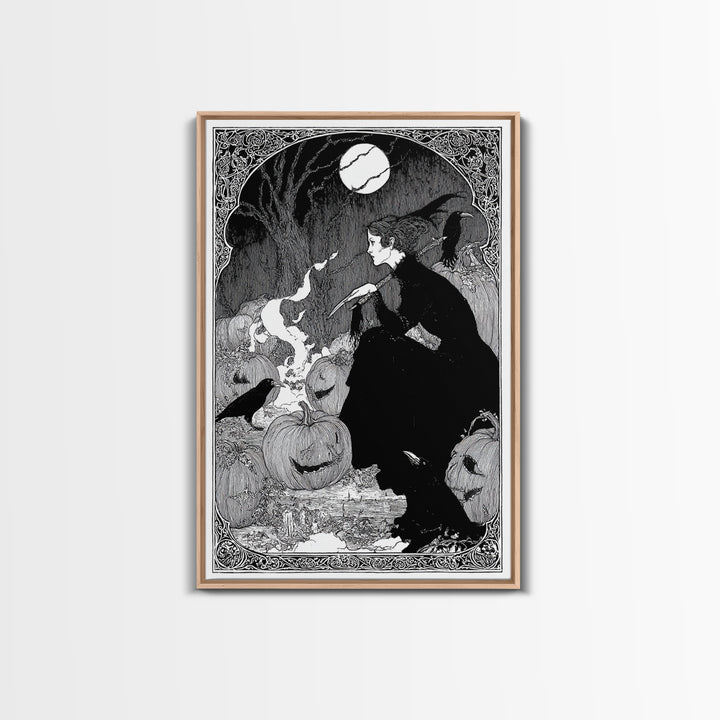 The Pumpkin-Carving Ritual, Decadent Line Art, Vertical Wall Art, Gothic Horror Wall Art, Canvas Print, Halloween Wall Art