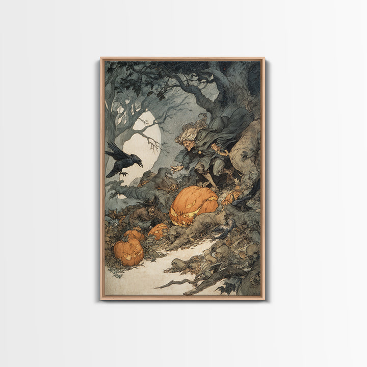 The Pumpkin-Carving Ritual, Gothic Storybook Art, Vertical Wall Art, Macabre Wall Art, Framed Canvas Print, Halloween Wall Art