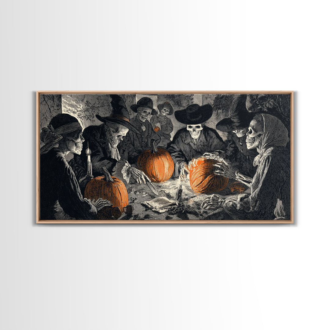 The Pumpkin-Carving Ritual, Macabre Folk Print Art, Wide Panoramic Art, Dark Halloween Decor, Canvas Print, Halloween Wall Art