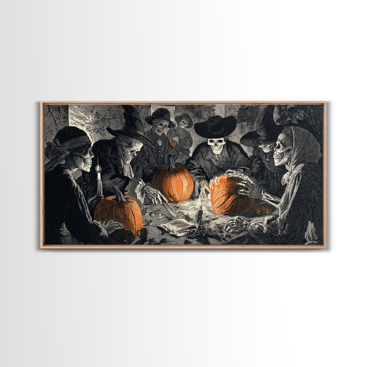 The Pumpkin-Carving Ritual, Macabre Folk Print Art, Wide Panoramic Art, Dark Halloween Decor, Canvas Print, Halloween Wall Art
