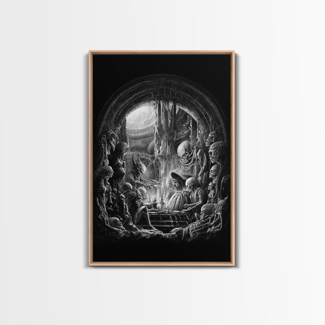 The Pumpkin-Carving Ritual, Biomechanical Horror Art, Vertical Wall Art, Dark Halloween Decor, Canvas Print, Halloween Wall Art