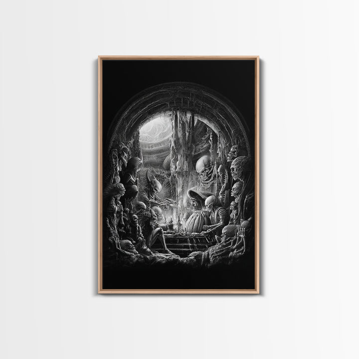 The Pumpkin-Carving Ritual, Biomechanical Horror Art, Vertical Wall Art, Dark Halloween Decor, Canvas Print, Halloween Wall Art