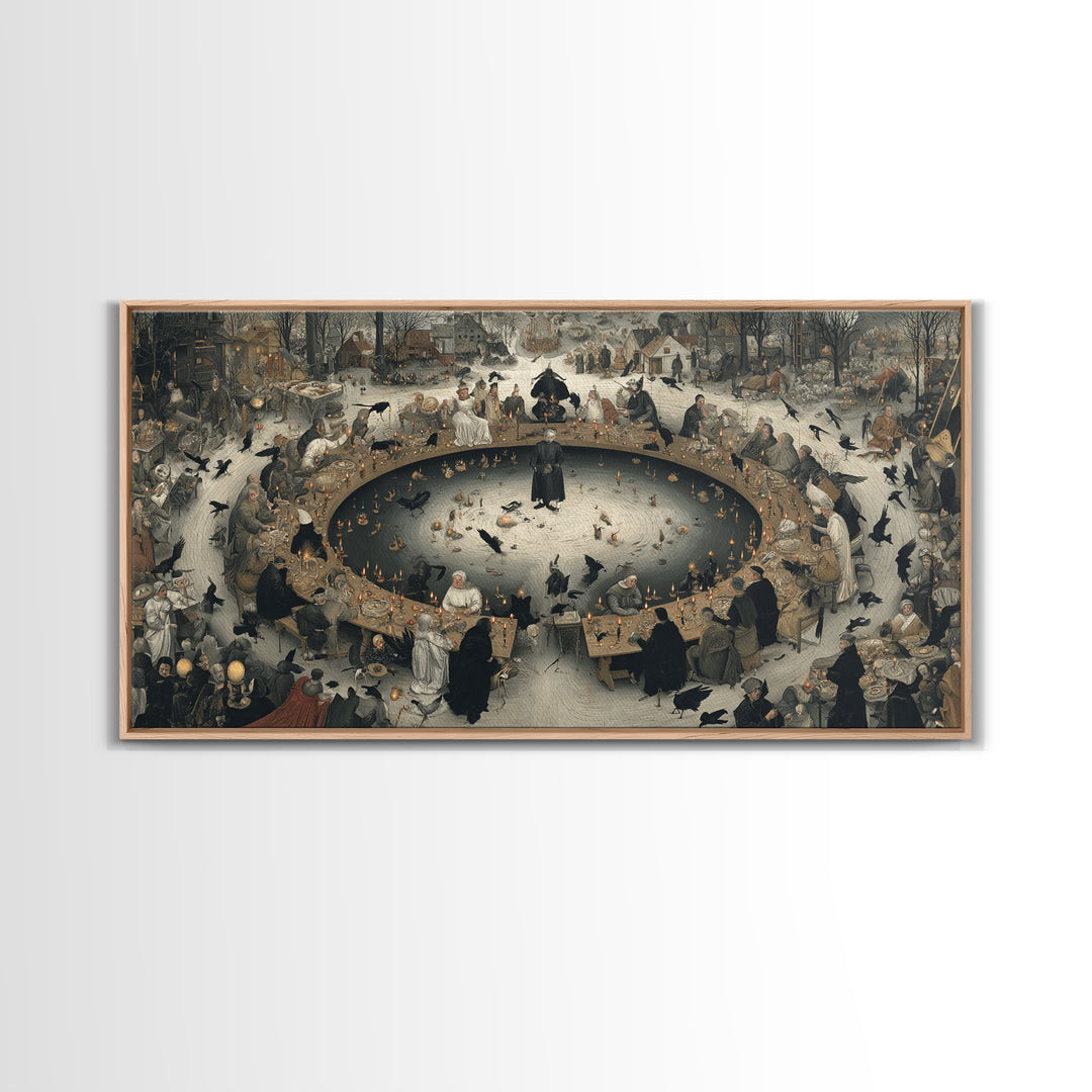 The Candlelit Seance, Northern Renaissance Horror, Wide Panoramic Art, Dark Halloween Decor, Canvas Print, Halloween Wall Art