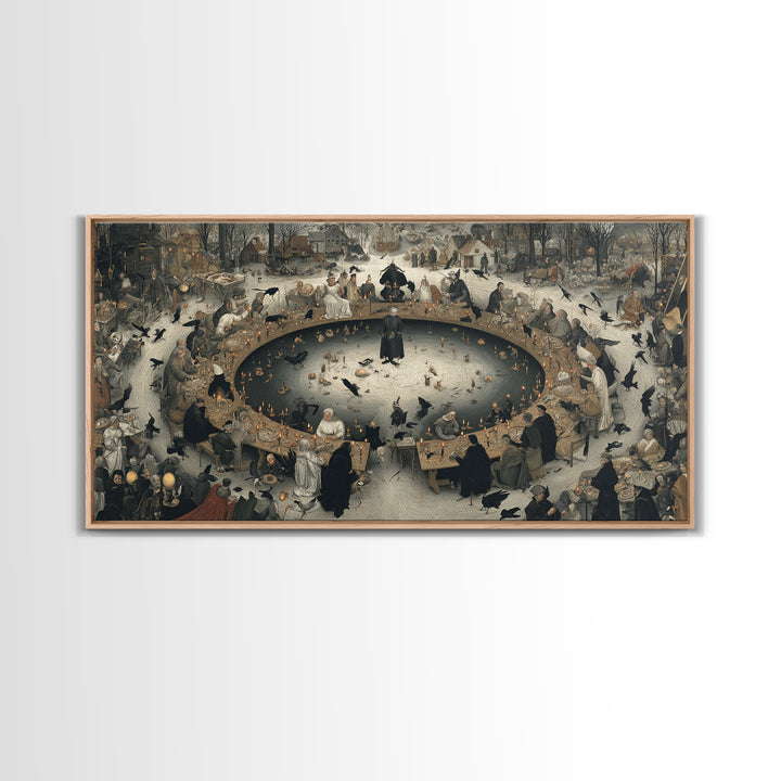 The Candlelit Seance, Northern Renaissance Horror, Wide Panoramic Art, Dark Halloween Decor, Canvas Print, Halloween Wall Art