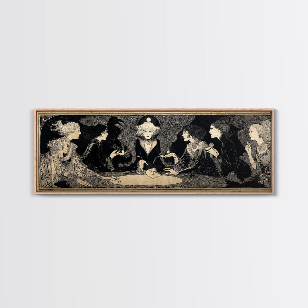 The Candlelit Seance, Decadent Line Art, Extra Wide Wall Art, Macabre Wall Art, Canvas Print, Halloween Wall Art